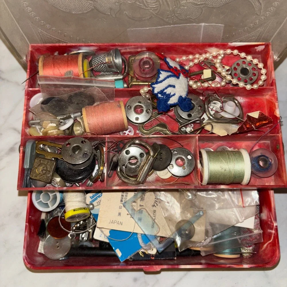 Vintage Red Marbled Sewing Box with Cats Yarn Lid and Notions Thread Needles Kit